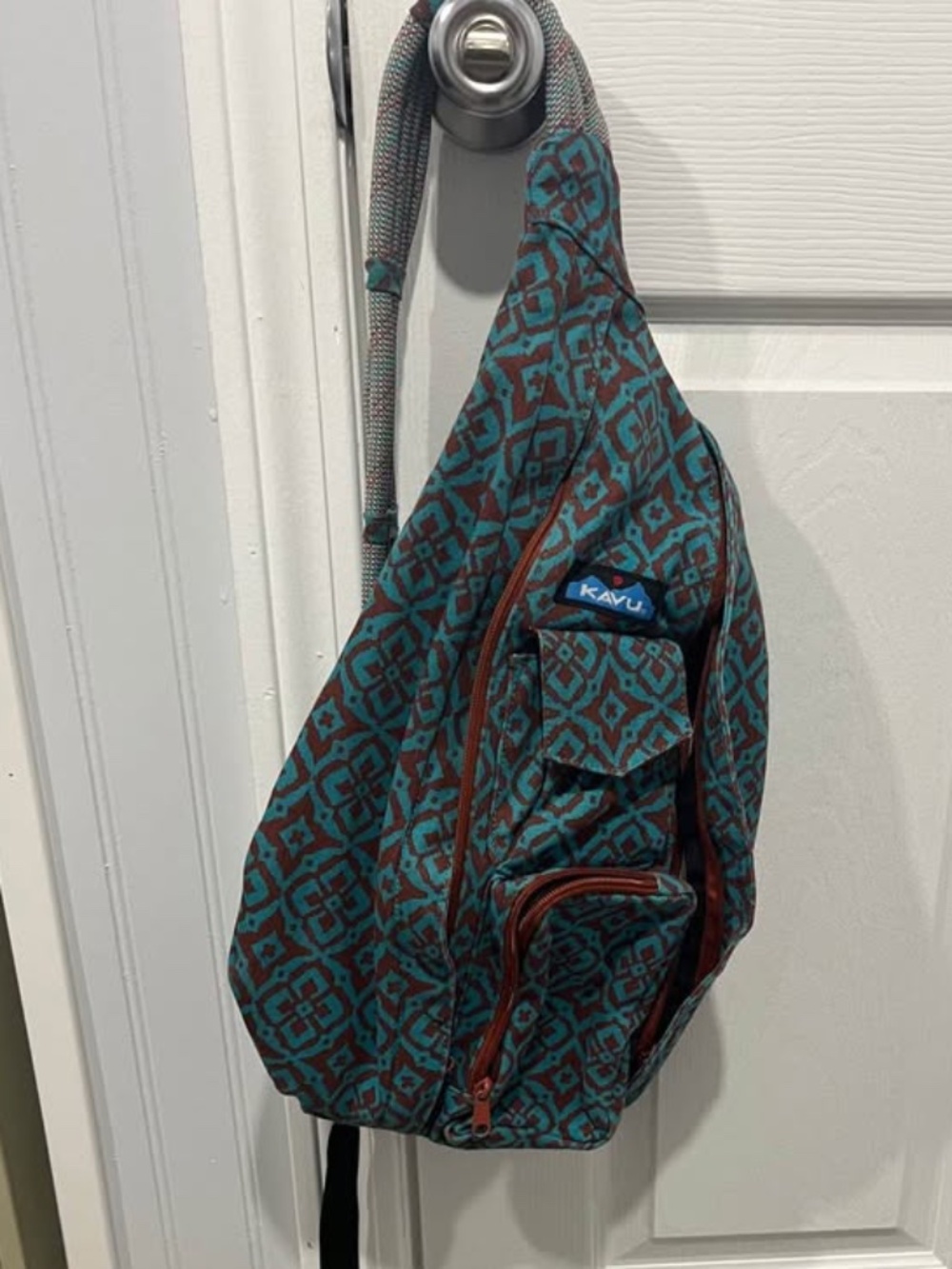 KAVU Teal Brown Geometric Rope Sling Bag Backpack
